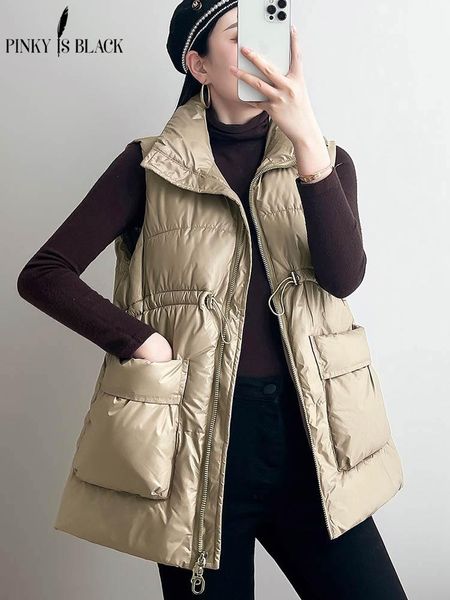 

leather pinkyisblack 2022 new winter vest for women solid short cotton padded stand collar women's winter sleeveless waistcoat jacket, Black