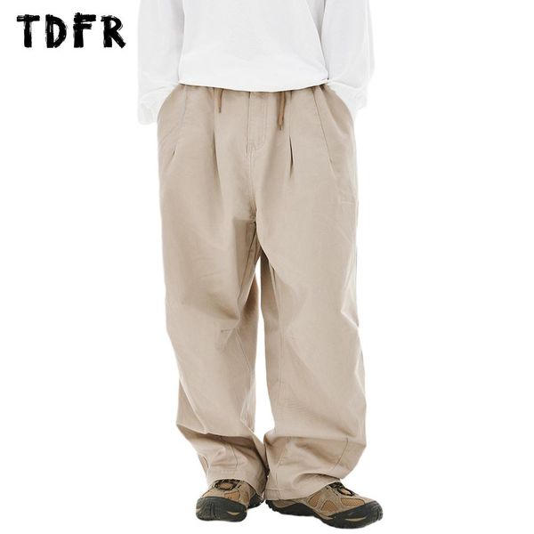 

pants solid color cargo pants mens retro casual loose wide leg drawstring elastic waist jogger pants men trousers, Black