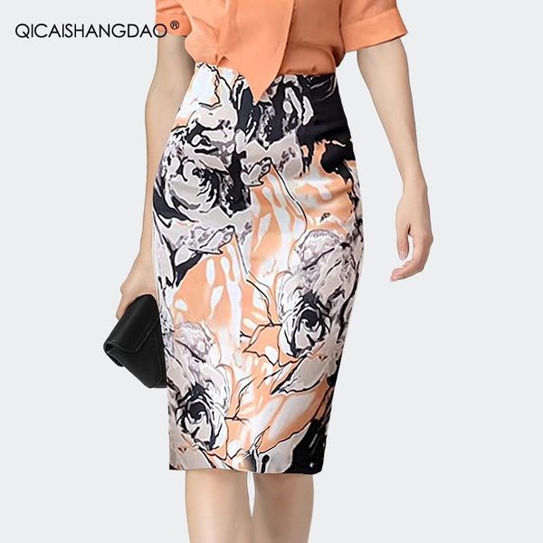 

dresses midlength ladies art flowers printing pencil skirt 2022 new spring summer wrapped skirts zipup back slit women office bottoms, White;black