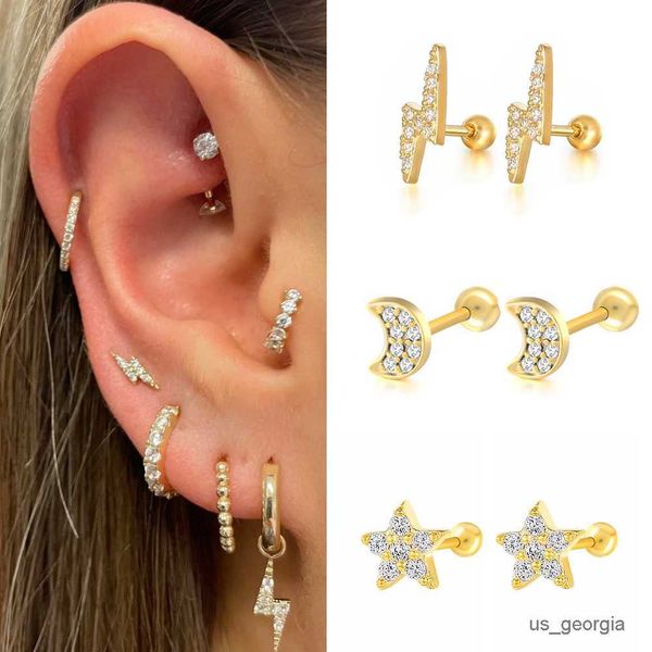 

stud lobe stud earrings for women stainless steel zircon flat helix ear moon body jewelry, Golden;silver