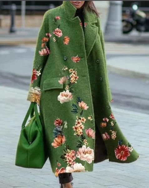 

fur women casual print long coat solid color 2022 spring fashion turndown collar loosefitting woolen green jacket elegant overcoat, Black