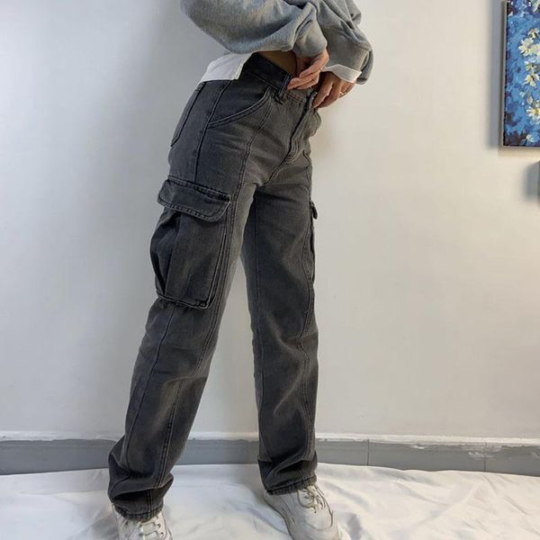 

jeans retro fashion grey multi pocket overalls women high waist loose trend jeans women's casual street hip hop straight trousers, Blue