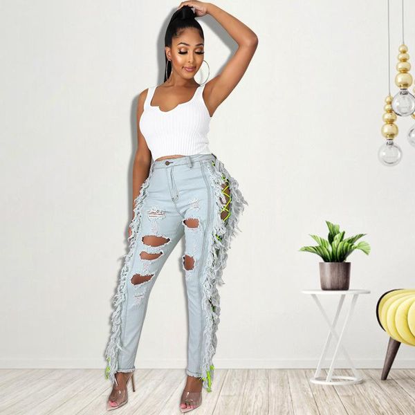 

jeans ewsfv 2022 autumn women new fashion trend personality ripped hole hollow wear rope tassel long jeans, Blue