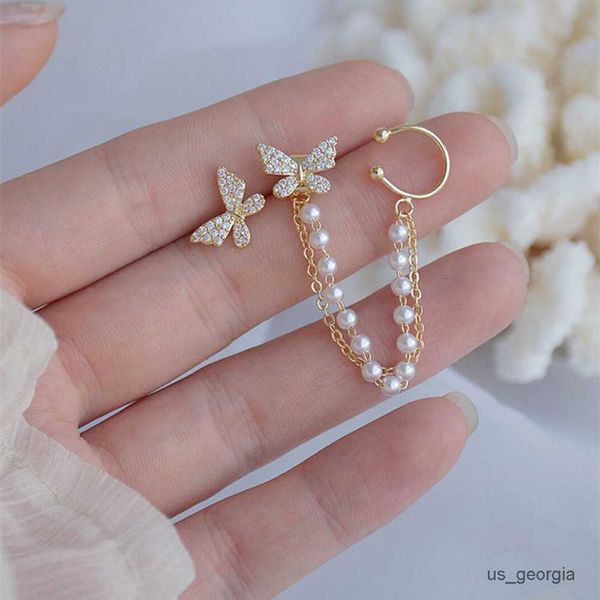 

stud earrings for women vintage asymmetrical butterfly earbone earrings pearl chain earrings jewelry for women birthday party gift, Golden;silver