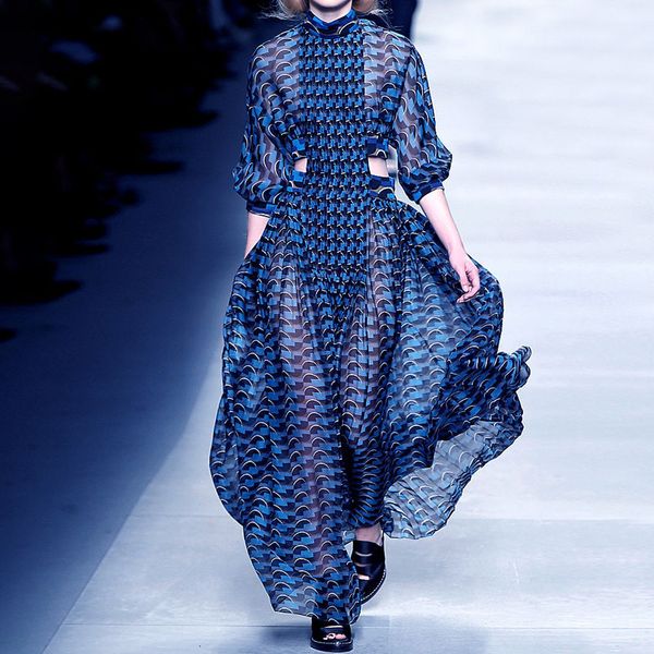 

casual dresses blue stripes women fashion runway dresses long sleeves high neck hollow out waist a line floor length charming party dress 23, Black;gray