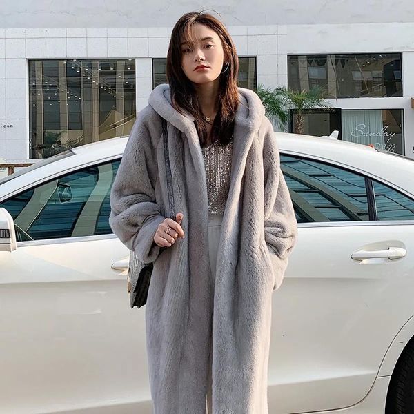 

fur long faux fur coat women fashion solid color hooded mink fur jacket winter thick warm velvet plus size overcoat female clothing, Black