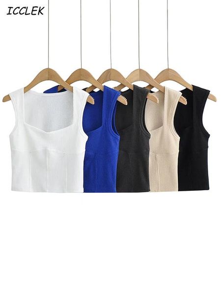 

tanks icclek y2k clothes blue kintting crop women summer slim square neck corset sleeveless women's tshirt tanks and camis, Black;white