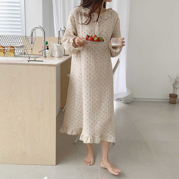 

women's sleep lounge ruffles sleep dress women long sleeve cherry print korean sleepwear homewear long dress autumn elegant casual loos