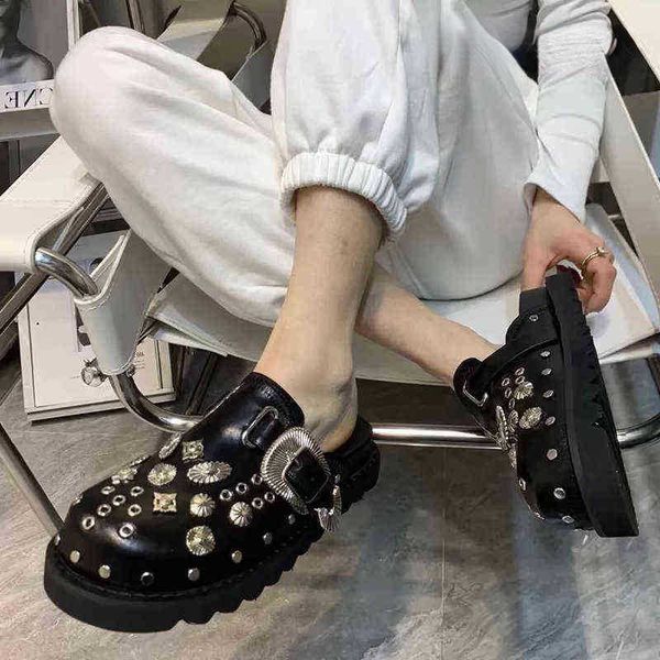 

sandals 2023 summer women shoes punk metal rivet charms black pu mules slip on outdoor platform modern slippers casual for 220623
