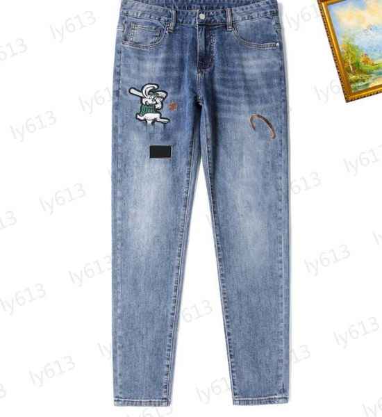 

spring summer mens designer jeans fashion retro classic brand cartoon logo embroidered print design stretch washed denim fabric pants male c, Blue