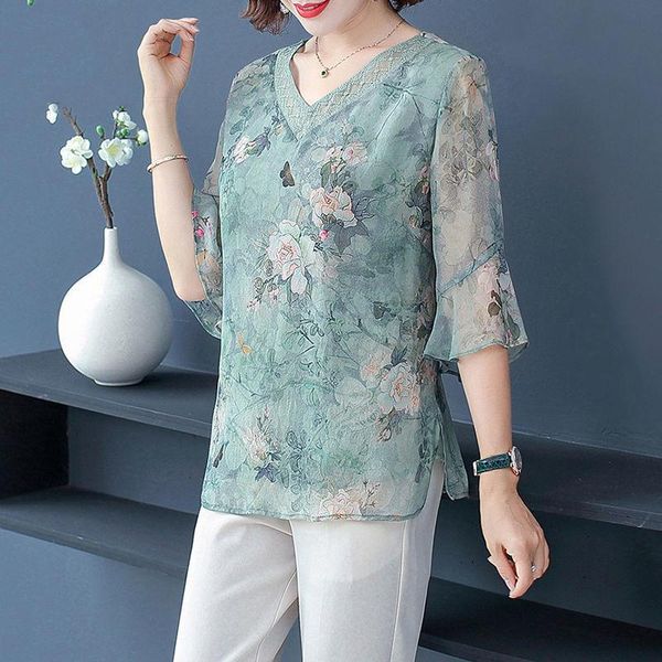 

t-shirt women spring summer style chiffon blouses shirts lady casual short flare sleeve vneck flower printed blusas df3969, White