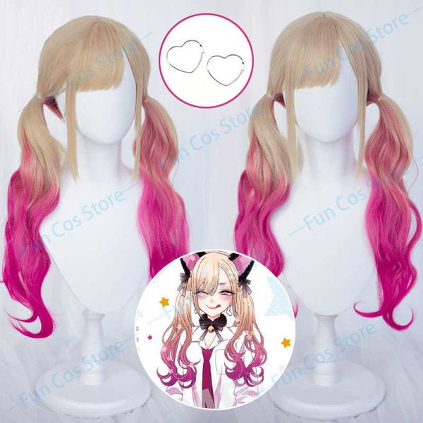 

cosplay wigs my dressup darling marin kitagawa double ponytail wig heart earrings ears hairpin cat girl cosplay wig gradient curly hair net, Black