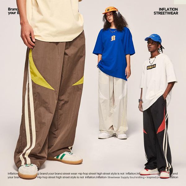 

pants inflation brand sportswear wideleg pants men trendy elastic waist stripe track pants male trousers plus size, Black