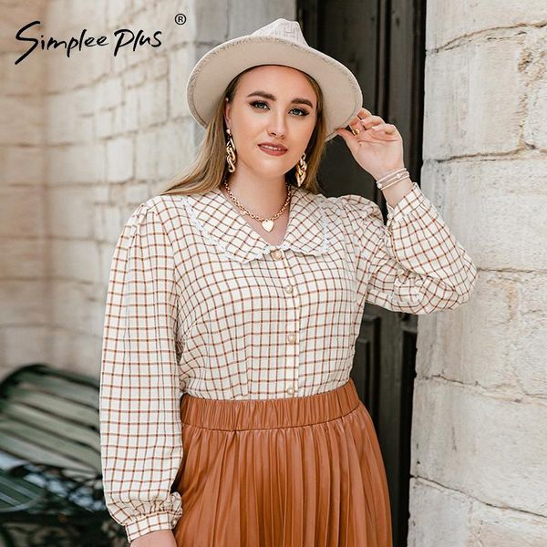 

t-shirt simplee plus office plaid plus size women shirt causal vneck brown female blouse 4xl gingham square pattern oversize lady, Black