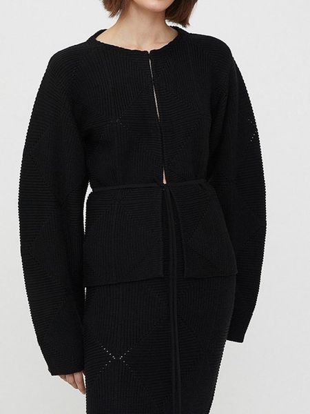 

sweaters women black wool argyle jacquard knit sweater ladies temperament loose oneck laceup knit cardigan jacket 2022 autumn, White;black