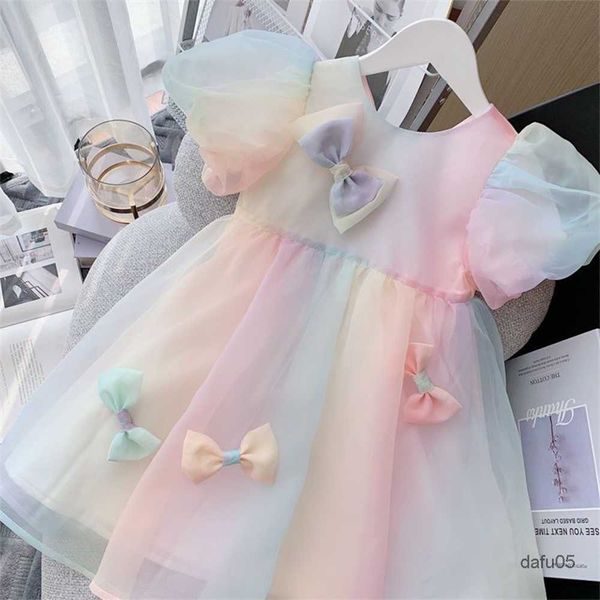 

girl's dresses menoea new rainbow girls princess dress kids wedding elegant party tutu gown children's clothing sweet party dress, Red;yellow
