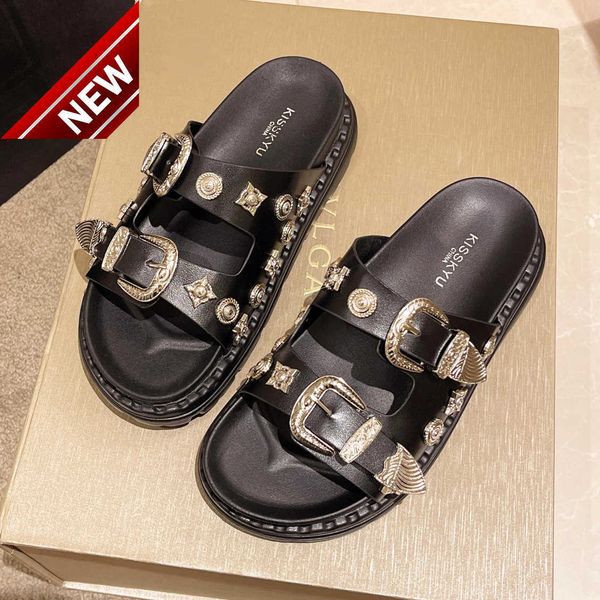 

slippers summer women punk rock rivets platform leather mules creative metal fittings female casual sandals shoe slides 230302, Black