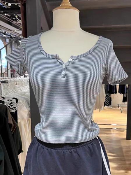 

women's t-shirt vintage button striped t shirt women classic round neck cotton slim short sleeve tees female casual harajuku summer cro, White