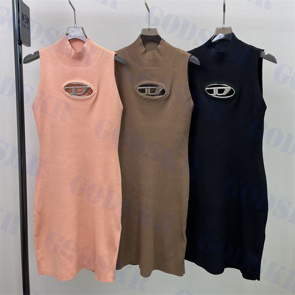 

womens hollow dress metal logo skirt trend ladies tank skirts slim dresses three colors, Black;gray