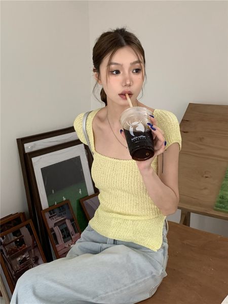 

women's t-shirt all match square collar t-shirts bandage hollow out knitted women short sleeve y2k aesthetic fashion solid harajuku te, White