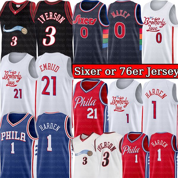 

joel embiid 21 james harden 1''76ers" basketball jersey tyrese maxey 0 allen 3 iverson retro philadelphias sixer 76er jersey, Black;red