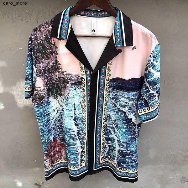 

men's casual shirts 2023 summer casual short sleeve men shirt vintage personality contrast color shirt streetwear camisa fashion mascul, White;black