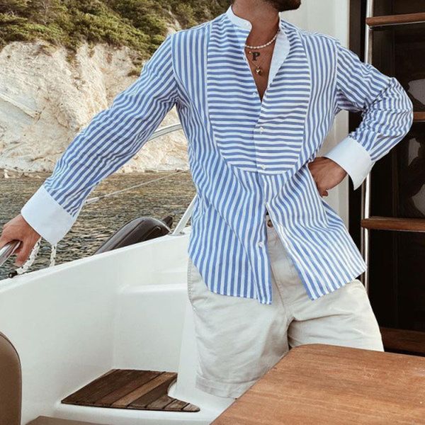 

men's casual shirts vintage leisure striped printed shirts for mens spring long sleeve loose button cardigan men clothing casual stand, White;black
