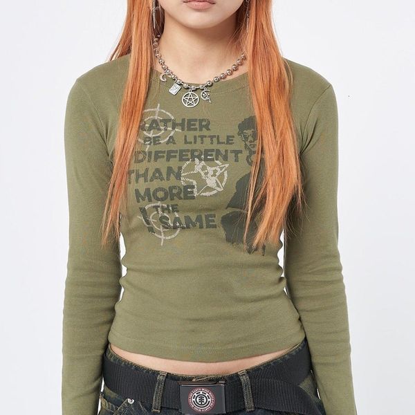 

camisoles tanks aesthetic women vintage print elastic t shirt slim crop ribbed long sleeve o neck grunge tee korean y2k pullovers 230503, Black;white