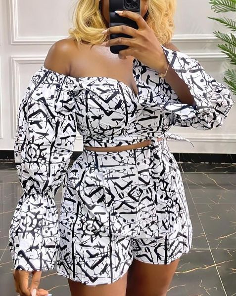 

women s tracksuits summer casual crop shorts set for lady abstract print off shoulder bell sleeve tied detail fashion two piece outfits 2305, Gray