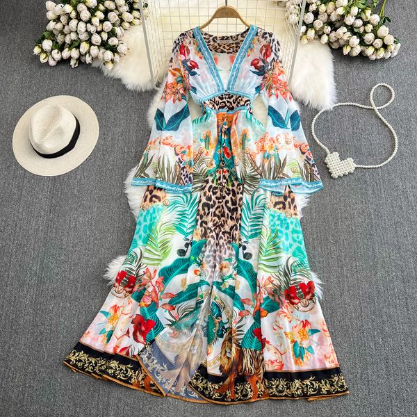 

high grade temperament dress speaker long sleeved v-neck with waistband and slim a-line single breasted printed chiffon dress elegant long s, Black;gray