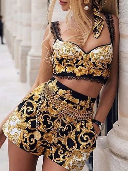 

women s tracksuits fashion print cami short sets summer 2 piece outfits for women v neck thick strap crop and high waist shorts set 230503, Gray