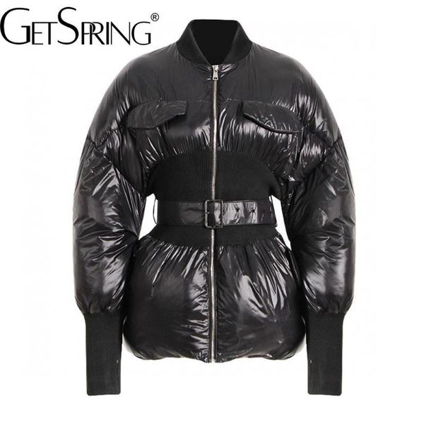 

leather getspring women parka stand collar bandage black white women coats and jackets winter vintage fashion parka overcoat 2022 new