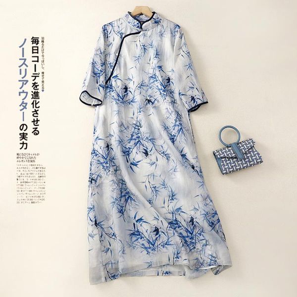 

dresses 2023 new arrival thin soft ramie print floral vintage chinese style spring summer dress fashion women casual dress cheongsam, Black;gray