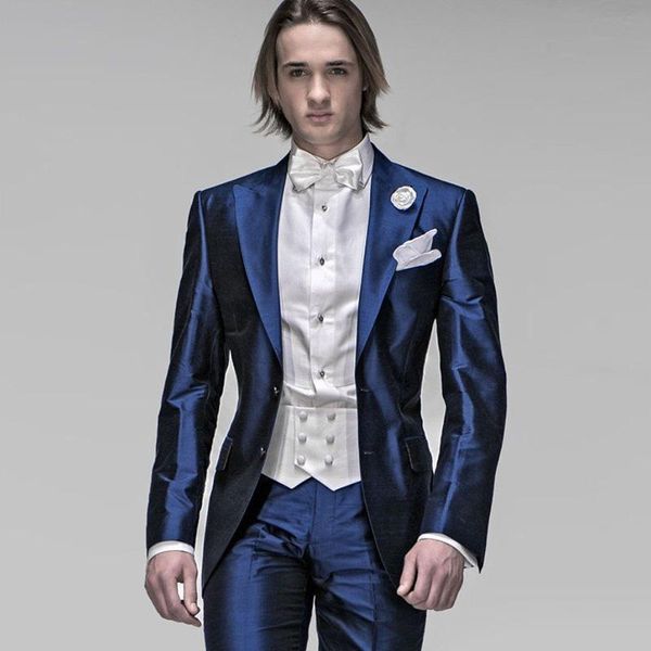 

blazers shinny italian navy blue satin men suits slim fit formal gentlemen wedding suits for men tuxedos blazer 2 pieces (jacket+pants), White;black