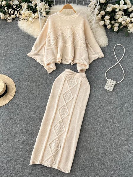 

dress singreiny fashion winter knitted two pieces suits loose short sweater elastic waist bodycon long skirt women ol casual sets, White