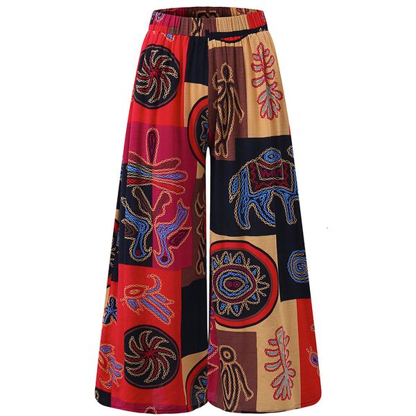 

women's pants capris national style fashion brand women casual floral printed ladies vintage wide leg plus size s-5xl 230428, Black;white