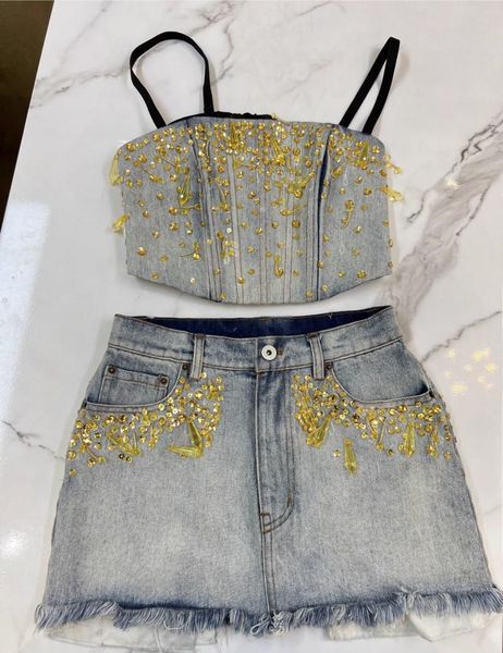 

dress 2022 summer luxury brand heavy industry beaded diamond denim suspender + slim denim aline skirt women fashion suit, White
