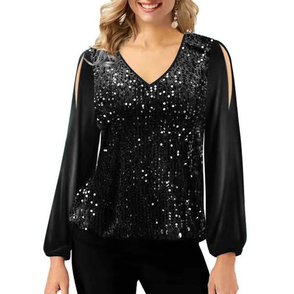 

t-shirt 2022 sequined off shoulder v neck fashion lantern sleeve women's tshirt fashion tee patchwork, White