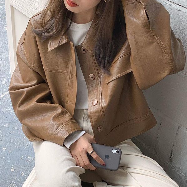 

jackets new women spring autumn black faux leather bomber jackets button up basic short coat turndown collar motor biker jacket, Black;brown