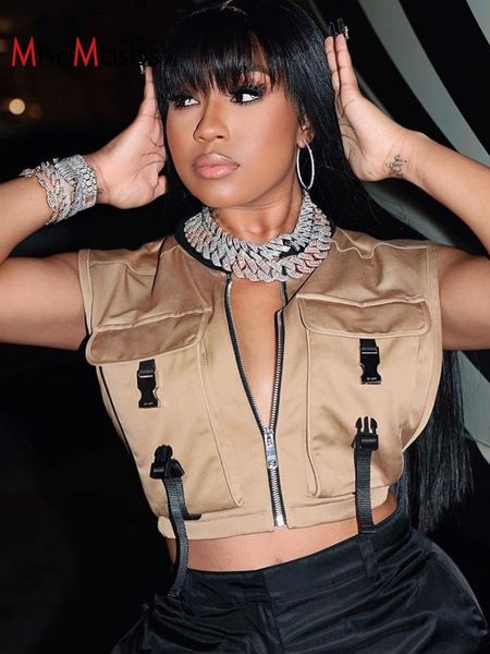 

leather women sleeveless pockets buckle zipper cropped jackets vest 2023 spring fall harajuku party safari waistcoat streetwear, Black