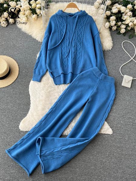 

pants singreiny women drawstring hooded sweater two pieces sets irregular loose +draped wide leg trousers winter ol knit suits, White