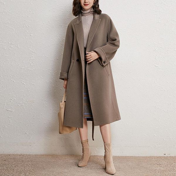 

fur 2021 fall/winter new lapel korean loose midlength wool coat women, Black