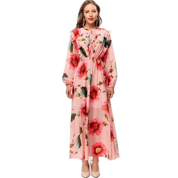 

women's runway dresses o neck long sleeves floral printed lace up elegant high street designer vestidos, Black