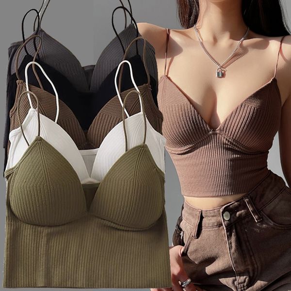 

camisoles tanks ladies crop camisole slim fit stretch push up bra with chest pads cropped navel short tube vneck s 230503, Black;white