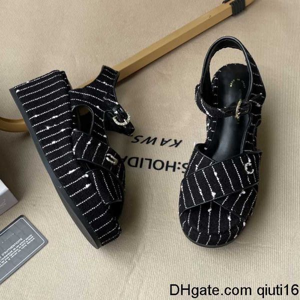 

sandals channel quilted wedges dad sandal high heeled slippers lattice platform dad mules sequins checks suede leather thick bottoms pump an, Black