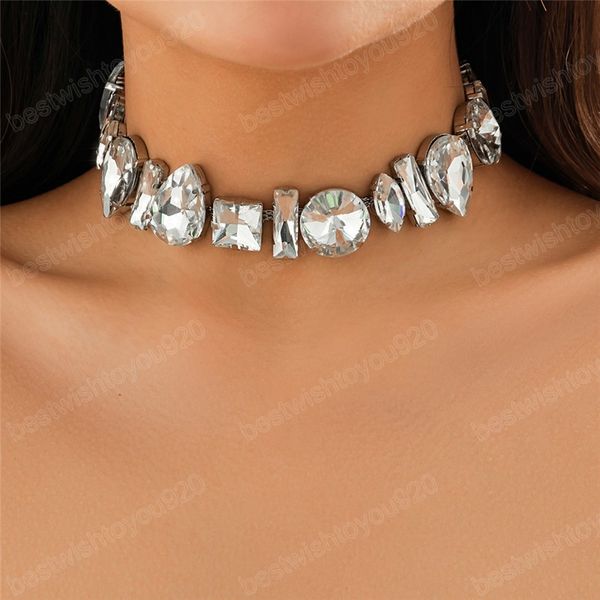 

exaggerated big geometric rhinestone choker necklace for women wed bridal vintage clavicle chainjewelry gift, Golden;silver