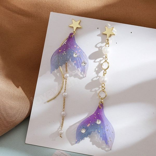 

korean fishtail pearl star tassel drop earrings for women fashion temperament zircon purple earring summer jewelry gifts, Silver