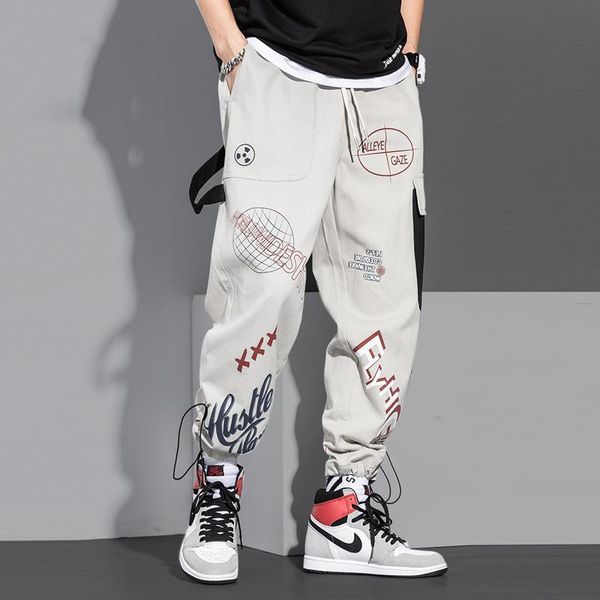 

pants graffiti cargo pants mens casual pants multi pocket jogger pants drawstring straight pants men loose bottoms japanese streetwear, Black