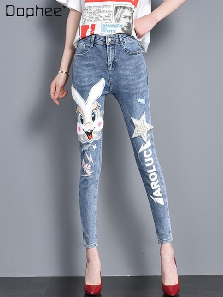 

jeans korean style cartoon sequins beaded fashionable allmatch slimming denim trousers women autumn new slim fit jeans pencil pants, Blue