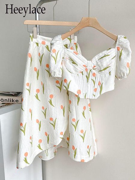 

two piece dress women summer korean sweet two pieces set for women slash neck short and irregular skirts sets holiday beachwear female suits, White